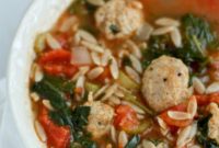 Hearty Italian Orzo Soup with Sausage Meatballs, Spinach and Tomatoes