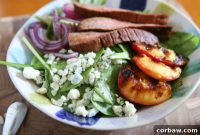 Grilled Steak and Sweet Peach Salad with Fresh Spinach and Zesty Red Onion
