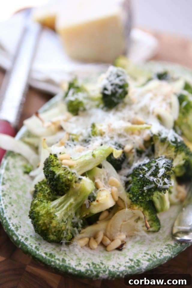 Grilled Broccoli and Vidalia Onion with Pine Nuts and Fresh Parmesan Cheese