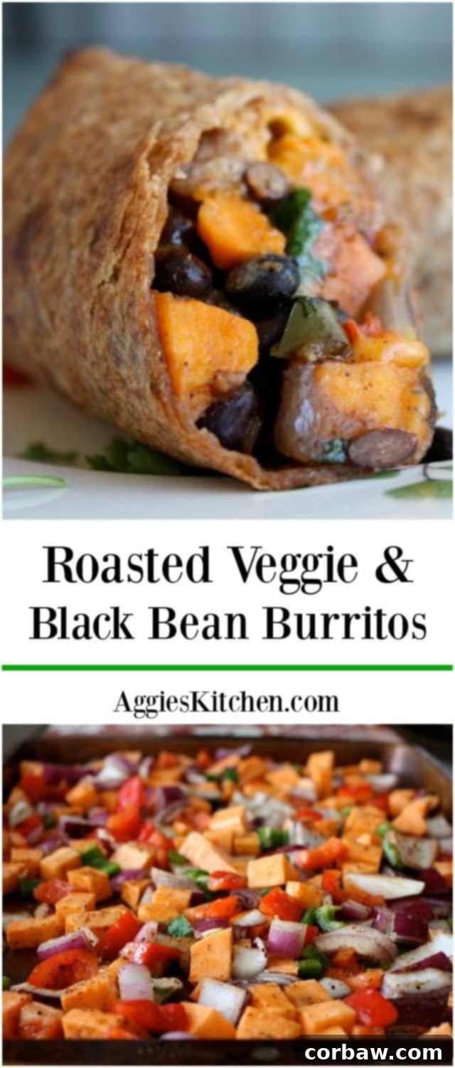 A vibrant, close-up shot of a savory sweet Roasted Veggie and Black Bean Burrito, sliced in half to show its delicious filling. This vegetarian meal is so appealing, even meat lovers will enjoy it!