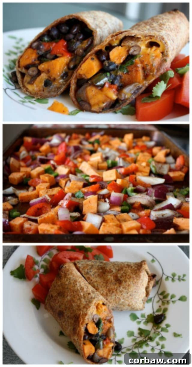 High-angle view of Roasted Veggie and Black Bean Burritos, a healthy and satisfying meal from Aggie's Kitchen.