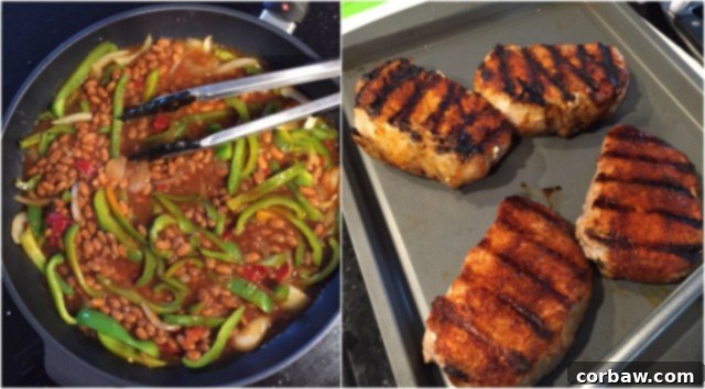 Grilled Pork Chops smothered in a special sauce made with baked beans, peppers and onions. So flavorful and an easy dinner to make - perfect for grilling season! Close-up of the delicious sauce for smothered grilled pork chops, made with baked beans, sautéed peppers, and onions, simmering in a skillet. A perfect blend of sweet and savory notes.