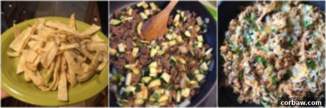 Beef and Egg Tortilla Skillet - a wonderful meal for breakfast, lunch or dinner! A close-up of the skillet dish, showing the texture and ingredients.