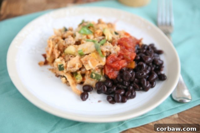 Beef and Egg Tortilla Skillet - a wonderful meal for breakfast, lunch or dinner! The finished skillet dish, beautifully garnished and ready to serve.
