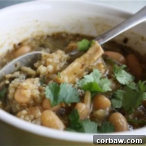 A tantalizing image of Bush's White Bean Chile Verde with Sonoma Pesto, ready to be served.