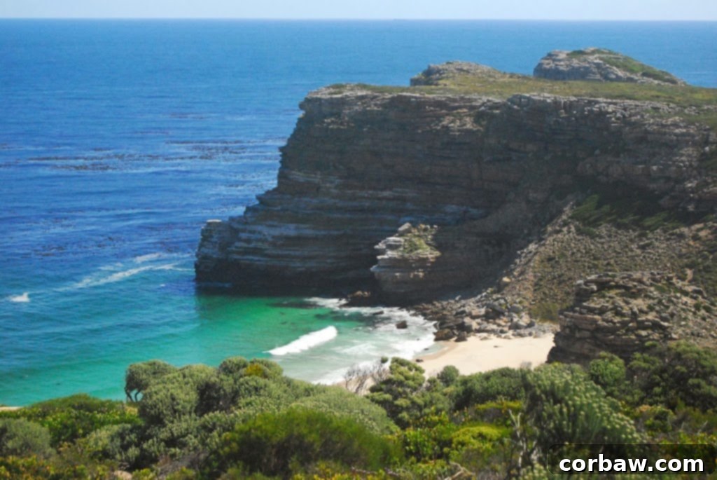 The rugged coastline and vast ocean at the Cape of Good Hope, Cape Town, South Africa.