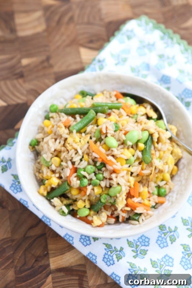 A vibrant bowl of 5-ingredient vegetable fried brown rice, garnished with green onions and ready to serve, perfect for a quick and healthy meal.