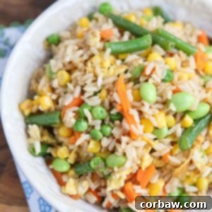A bowl of quick and easy 5-Ingredient Vegetable Fried Brown Rice, perfect as a healthy side dish or light meal for any night of the week.