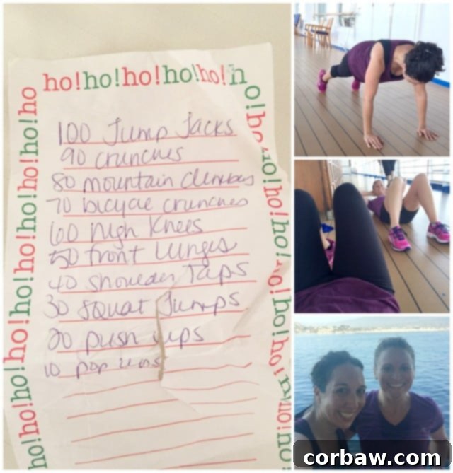 Cruise Workout Collage A collage showing various scenes from a cruise ship workout, including friends running on deck, exercising in the gym, and enjoying the ocean view.