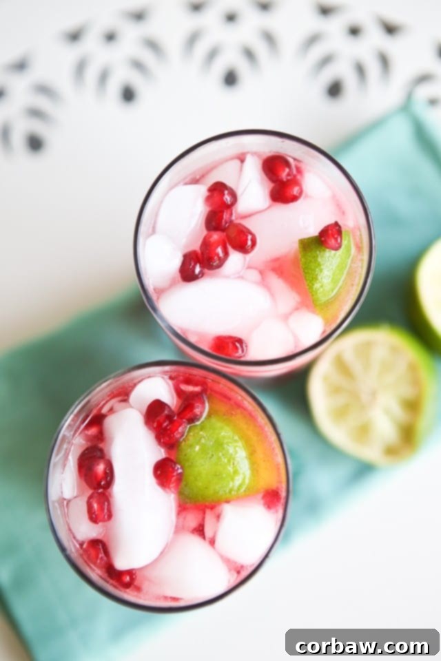 Close-up of a refreshing Pomegranate Rum Cocktail, garnished with lime and pomegranate arils, perfect for any celebration.