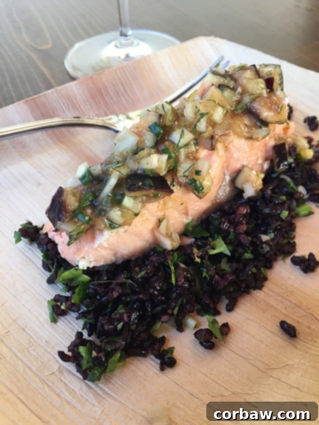 A Day at Fess Parker Winery in Santa Barbara Roasted Salmon with Fig-Fennel Relish Herb Filled Forbidden Rice prepared by Pascale Beale