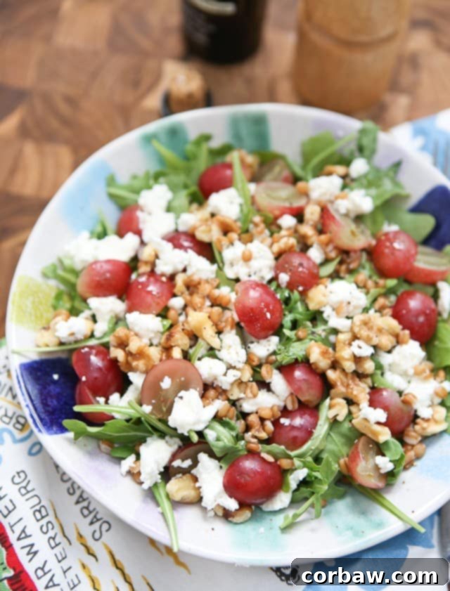 Packed with incredible flavor and nutrition, this Wheat Berry and Arugula Salad with Grapes and Nuts will quickly become your new favorite salad! 