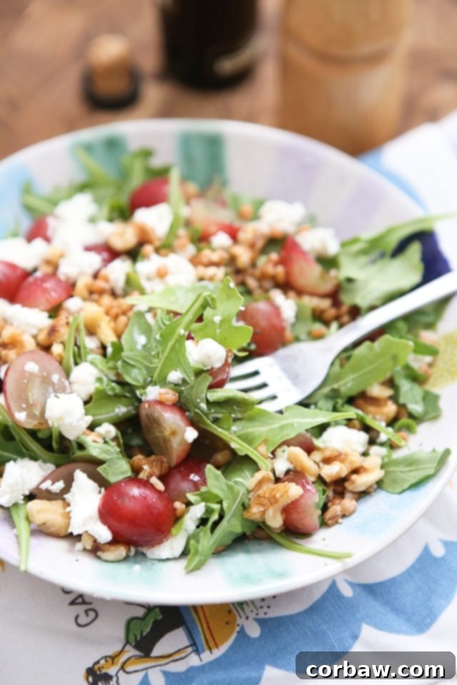 Packed with incredible flavor and nutrition, this Wheat Berry and Arugula Salad with Grapes and Nuts will quickly become your new favorite salad! 