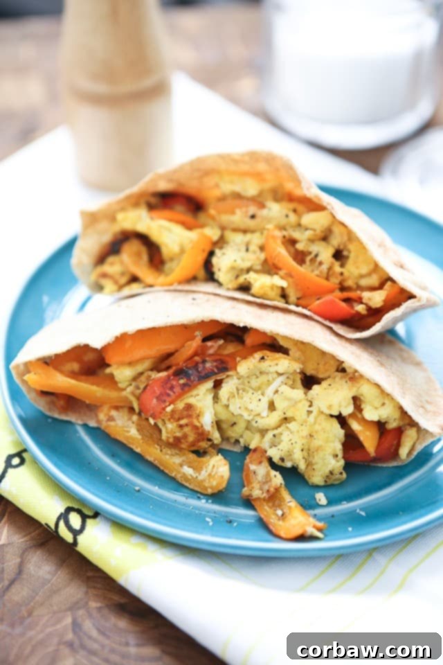 Savory Egg & Pepper Pita Pockets 2 Simply sauteed bell peppers scrambled with eggs and mozzarella cheese. Stuff in a pita and you have breakfast, lunch or dinner!