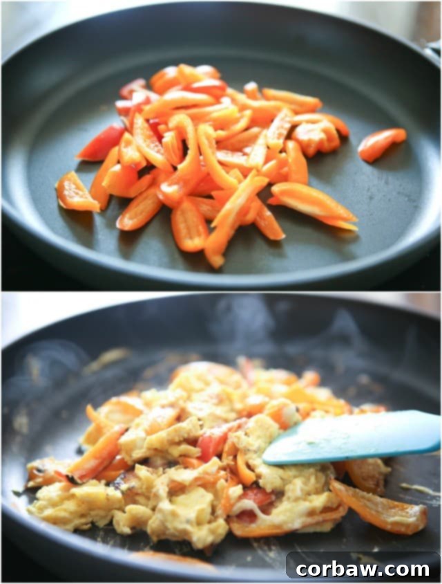 Savory Egg & Pepper Pita Pockets 3 Simply sauteed bell peppers scrambled with eggs and mozzarella cheese. Stuff in a pita and you have breakfast, lunch or dinner!