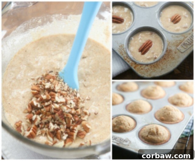 A selection of Cinnamon Banana Nut Muffins, some adorned with a whole pecan half for an elegant touch.