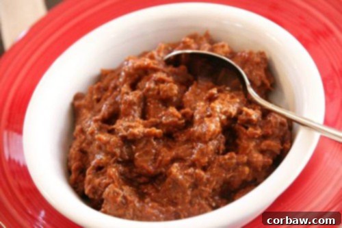 ChiliAmy - A close-up of a rich, deeply colored chili, garnished and ready to eat.