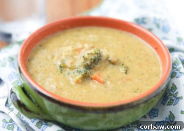 Wholesome and Satisfying Broccoli Cheese Soup 2 A close-up of a steaming bowl of homemade lightened broccoli cheese soup, rich with pureed vegetables and melted cheese, ready to be enjoyed.