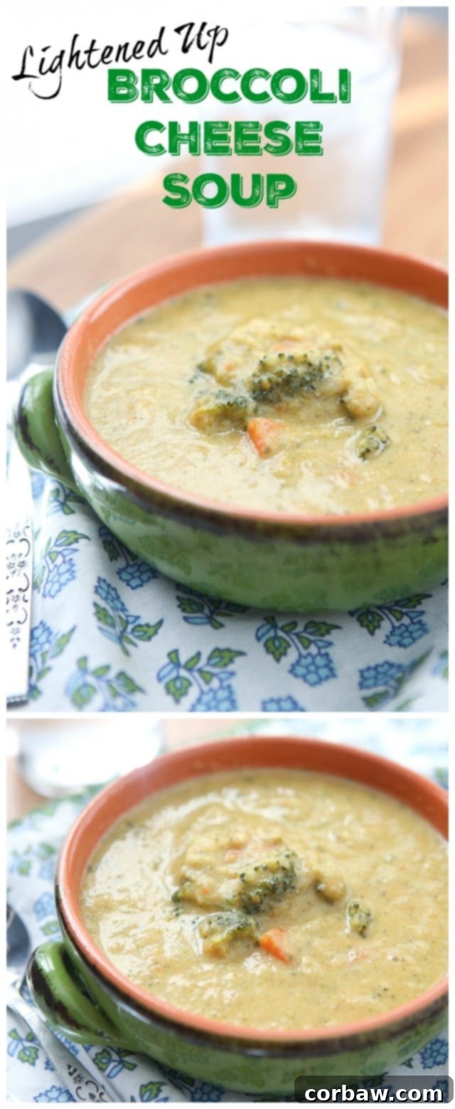 A small, decorative image of lightened broccoli and cheese soup, serving as a visual break.