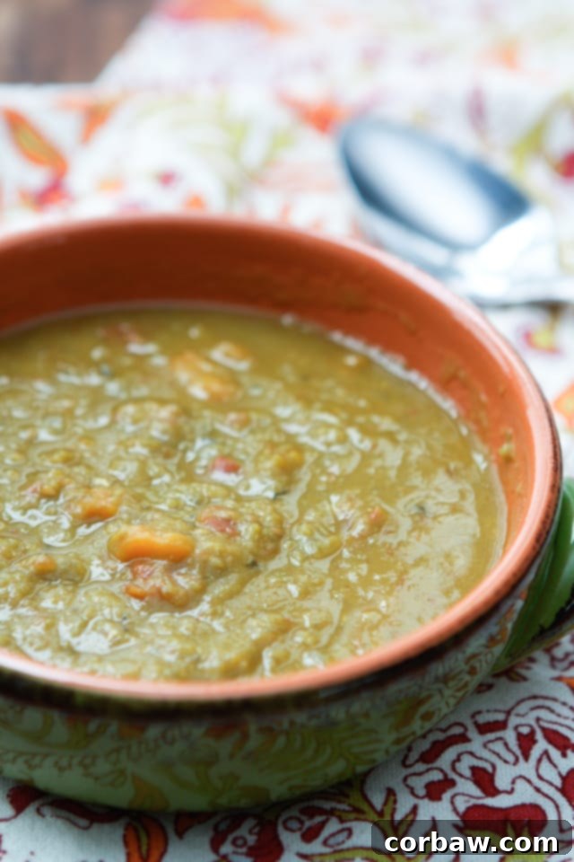 Smoky White Bean and Sausage Stew with Spinach 5 A comforting bowl of Slow Cooker Split Pea Soup, thick and flavorful, a perfect make-ahead meal.