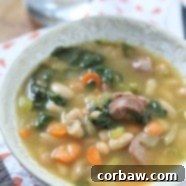 It's definitely soup season and one of my family's favorite soups is this Smoked Sausage, White Bean and Spinach Soup. Will warm you right up!