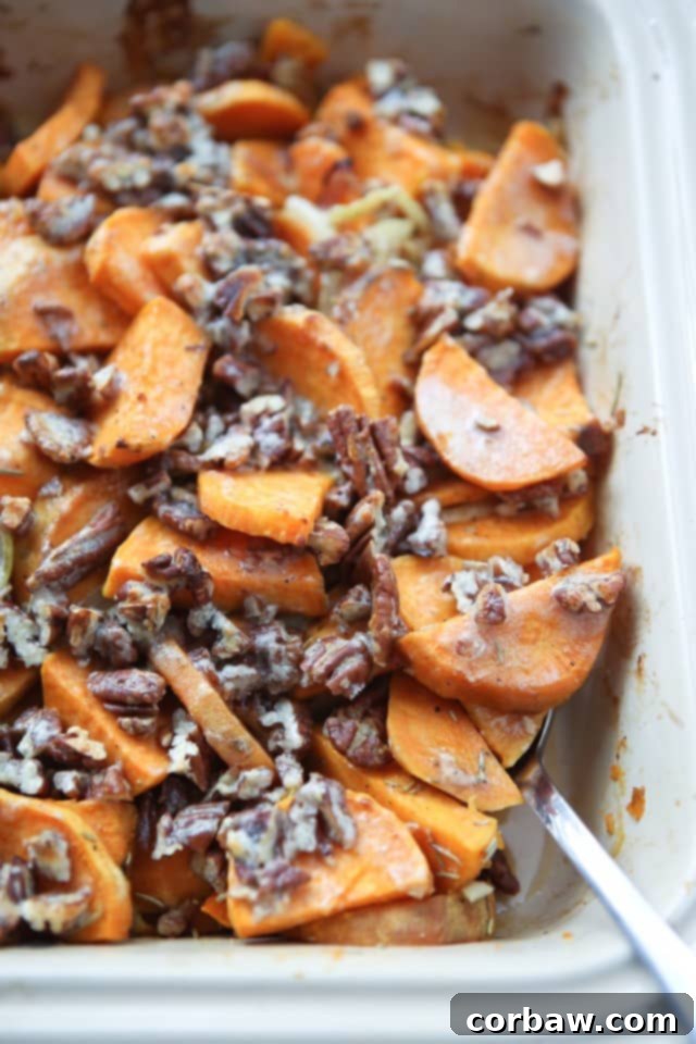 Switch up your sweet potato side dish with this Savory Sweet Potato Gratin with Pecans. A sweet-salty flavor combo with the addition of crunchy pecans makes puts this dish over the top delish! #ThinkFisher