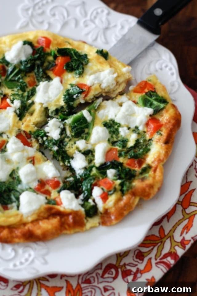 Kale Red Pepper and Goat Cheese Frittata - a healthy recipe perfect for breakfast, lunch or dinner!