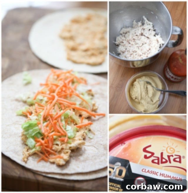 Buffalo Hummus Chicken Salad Roll Ups collage with three pictures: tortilla with the hummus chicken salad mix, lettuce, and shredded carrots; mixing bowl with chicken salad, container of hummus with spoon in it, and container of buffalo sauce; container of Sabra classic hummus