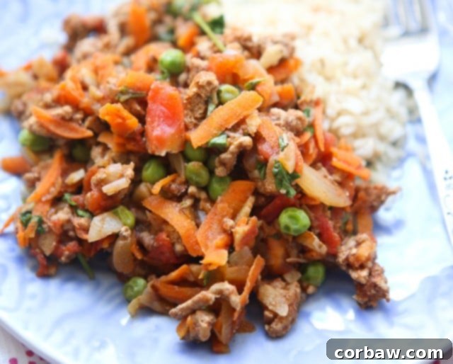 Kheema Meal: Ground Turkey and Spices A beautifully presented plate of Kheema, featuring a generous serving of spiced ground turkey, mixed with vibrant carrots, peas, and onions, neatly arranged over a bed of brown rice.