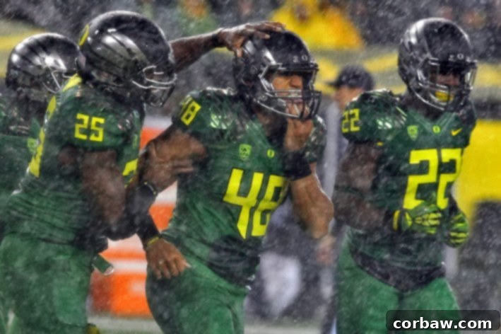 Football Season Ignites 3 Wet Oregon Ducks football players celebrating a play in heavy rain at Autzen Stadium.