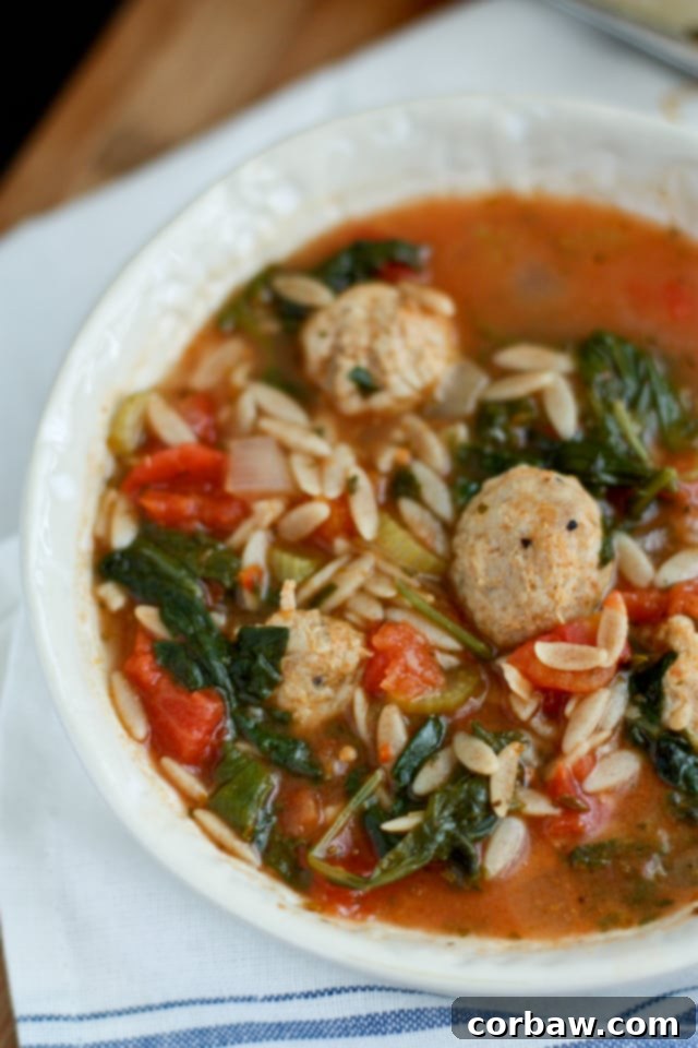 A hearty bowl of Italian Orzo Soup with Meatballs, Spinach, and Tomatoes.