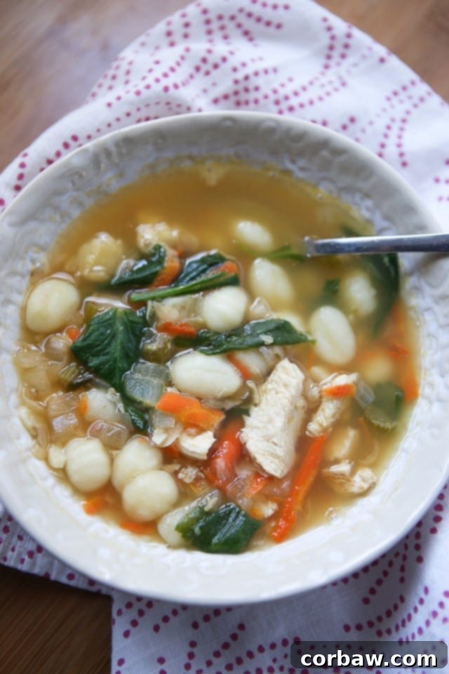 Close-up of a bowl of creamy Chicken Gnocchi Soup, showcasing tender chicken, soft gnocchi, and fresh spinach.
