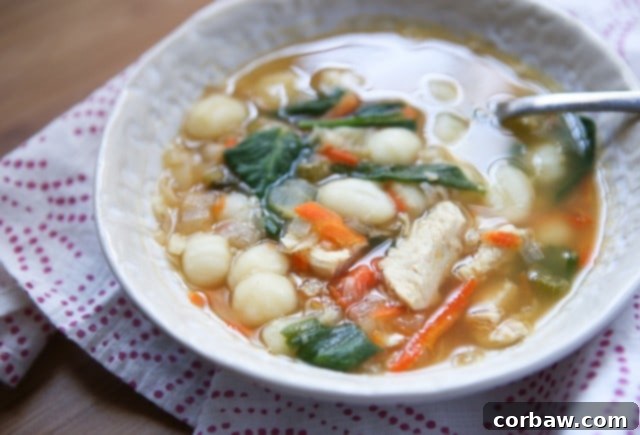 A serving of homemade Healthy Chicken Gnocchi Soup in a white bowl, ready to be enjoyed.