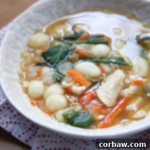 A bowl of creamy, healthy Chicken Gnocchi Soup with fresh spinach.