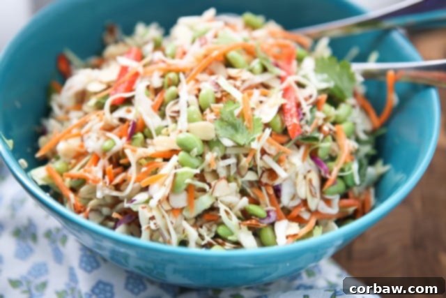 Asian Almond Slaw Salad The finished Asian Slaw Salad, a delightful mix of shredded cabbage, matchstick carrots, red bell pepper, Fisher sliced almonds, edamame, and fresh cilantro, served in a large blue bowl with serving utensils ready for enjoyment.