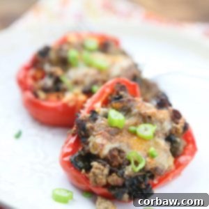 Simple and healthy, this low carb recipe for Beef and Spinach Stuffed Peppers was a huge hit at my house!