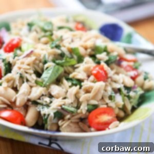 A delicious Tuna and Orzo Salad, packed with fresh spinach, tomatoes, Parmesan, and fragrant basil – a truly delightful and healthy recipe from Andie Mitchell's 'Eating in the Middle: A Mostly Wholesome Cookbook'.