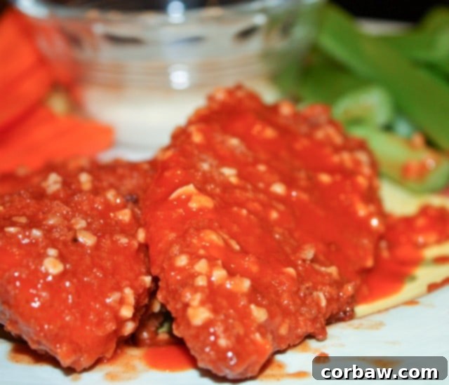 Hot and Garlic Baked Boneless Chicken Wings - A Healthier Take Two boneless chicken wings coated in hot sauce and minced garlic, served with crisp celery and carrot sticks and a side of creamy blue cheese dressing. A perfect, healthier alternative to fried buffalo wings.