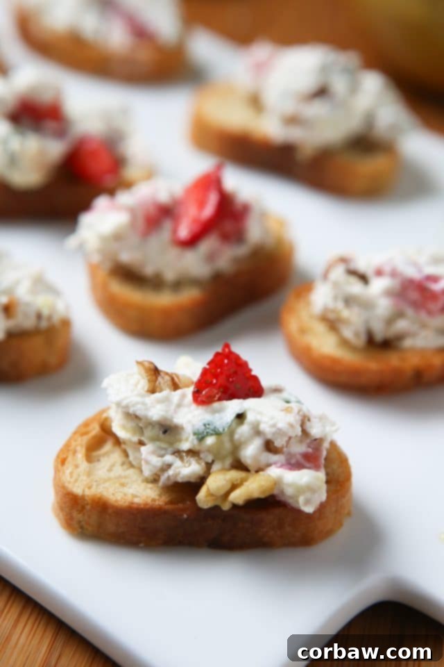 A single snack toast generously topped with strawberry goat cheese spread, artfully arranged on a pristine white platter.