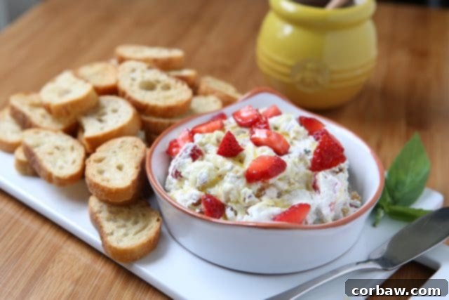 A pristine white bowl filled with creamy strawberry basil goat cheese spread, elegantly presented on a white platter alongside an array of crispy toasts, perfect for a summer gathering.