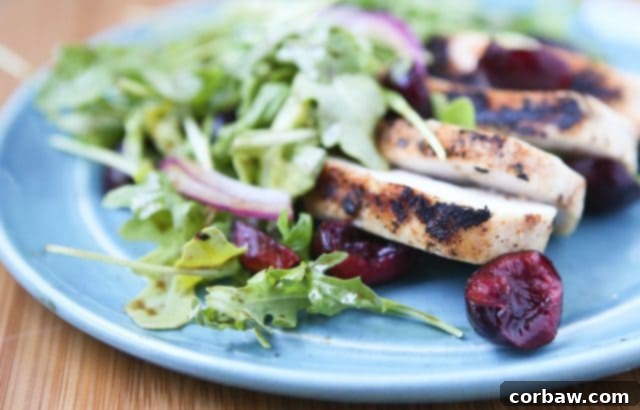 Another enticing shot of the grilled chicken with cherry arugula salad, highlighting the fresh, wholesome ingredients and vibrant colors. The lean protein, fresh fruit, and crisp greens make for an appealing and healthy meal option.