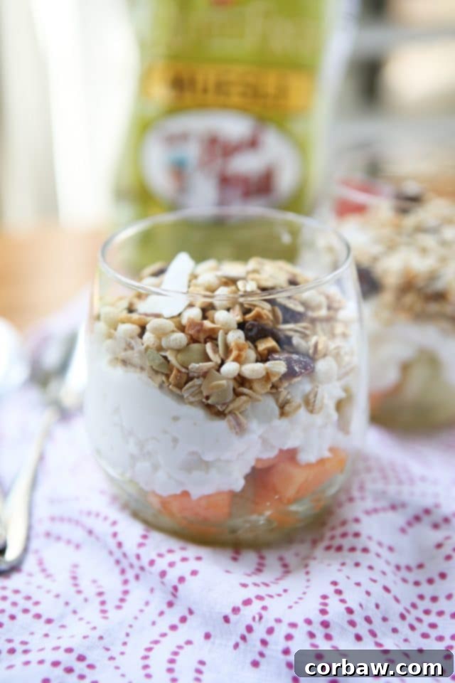 Sun-Kissed Melon Protein Parfait 2 A beautifully layered Summer Melon Protein Parfait in a glass, featuring vibrant melon, creamy cottage cheese, and crunchy muesli. Perfect for a hot summer day.