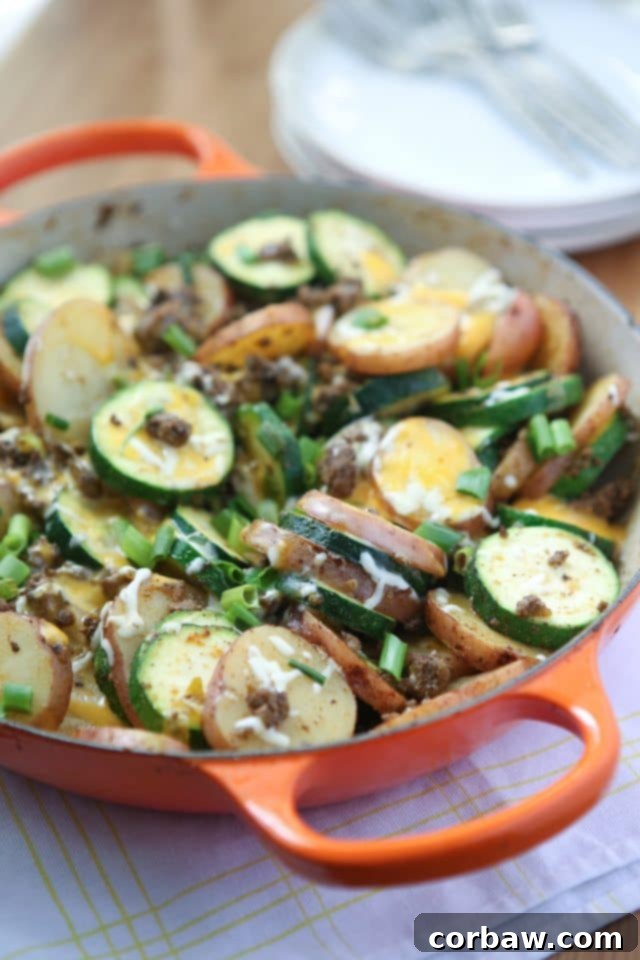 One-Pan Cheesy Southwest Beef and Potatoes 6 A close-up of the hearty Cheesy Southwest Beef and Potato Skillet dinner, a lifesaver for busy weeknights. Recipe via aggieskitchen.com