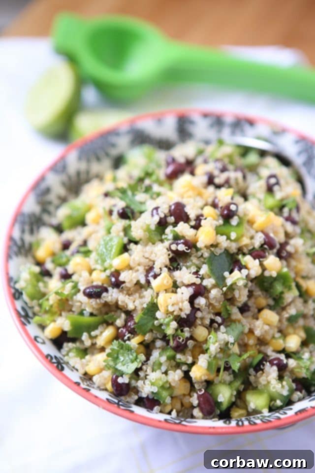 Corn and Black Bean Quinoa Salad: A favorite vegetarian meal or side dish, packed with fresh ingredients and flavor. Recipe via aggieskitchen.com A vibrant and protein-rich Corn and Black Bean Quinoa Salad, perfect for healthy meal prep or a delicious vegetarian main dish. Features colorful corn, black beans, bell peppers, and fresh cilantro, dressed in a zesty lime dressing. Recipe via aggieskitchen.com