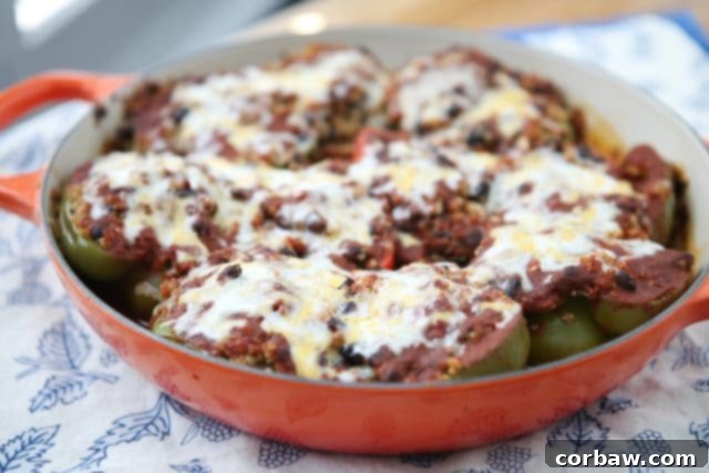 Veggie Enchilada Stuffed Peppers 3 A close-up view of the hearty quinoa and black bean filling being prepared for the Vegetarian Enchilada Stuffed Peppers, showcasing its vibrant texture and wholesome ingredients.