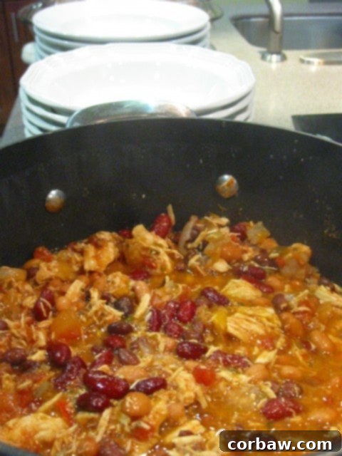 bushs beans A large pot of simmering chili, rich in color and texture, with steam rising, suggesting warmth and comfort.