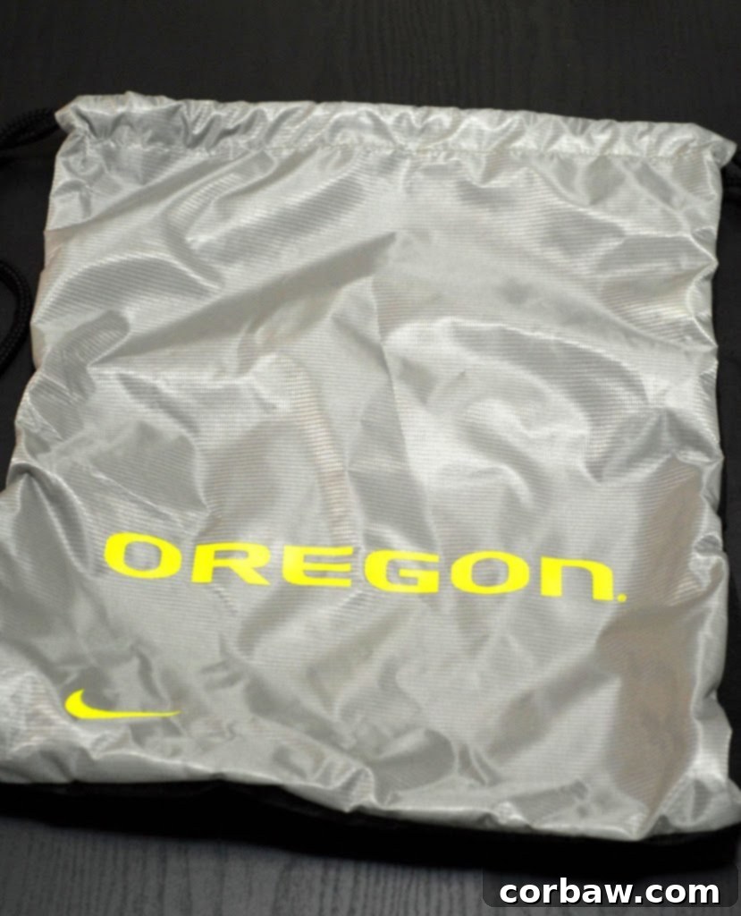 Navigating the Autzen Gauntlet 8 A drawstring backpack, recommended for carrying essentials at Autzen Stadium.