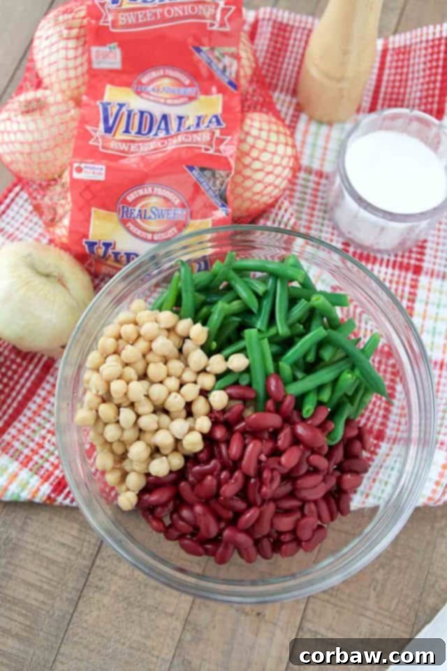 Close-up shot of the vibrant Three Bean Salad, showcasing the crisp green beans, tender garbanzo and kidney beans, and translucent slices of Vidalia onion, all coated in a glistening, savory-sweet dressing.