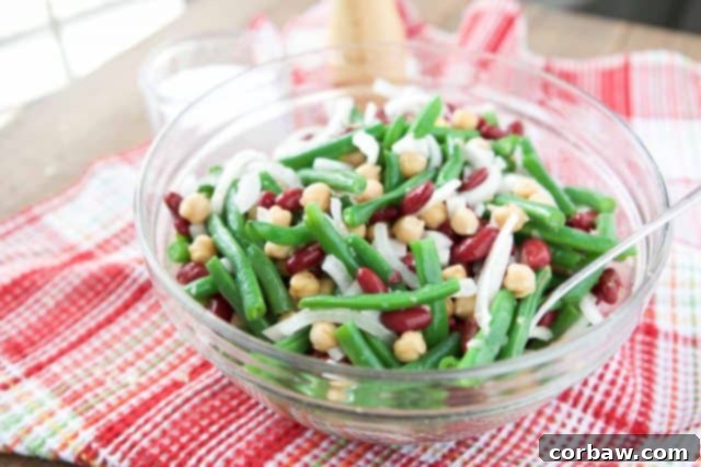 A large glass bowl filled with the colorful Three Bean Salad, showing the generous slices of Vidalia onion mingling with the various beans, ready to be served as a refreshing side dish.