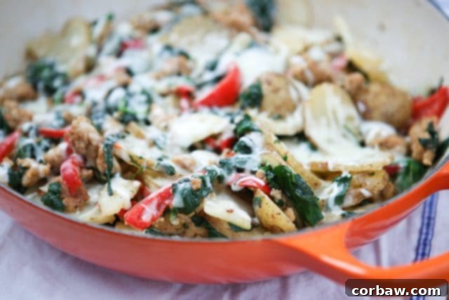 Skillet Italian Sausage and Peppers with Potatoes makes the best one-pan meal for busy weeknights! Keep it healthy by using chicken or turkey sausage. A family favorite! Recipe via aggieskitchen.com